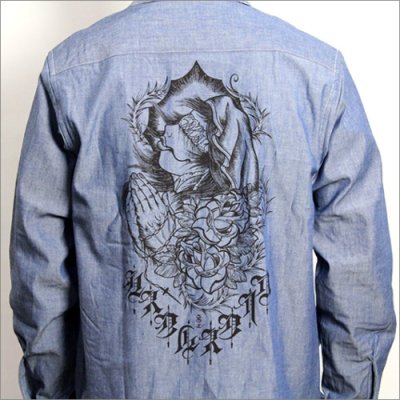 画像4: 【送料無料】KustomStyle カスタムスタイル PRAYING KATAKANA CHAMBRAY L/Sシャツ BLUE