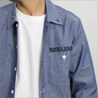 画像3: 【送料無料】KustomStyle カスタムスタイル PRAYING KATAKANA CHAMBRAY L/Sシャツ BLUE