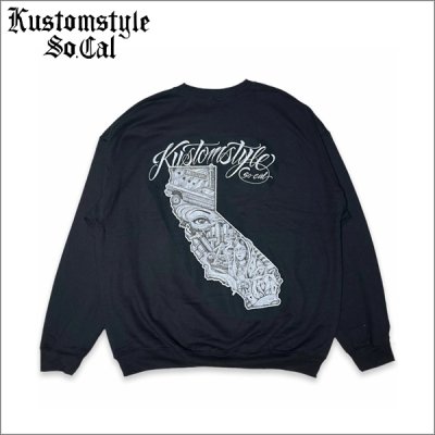 画像1: 【送料無料】KustomStyle カスタムスタイル CALI MAP クルーネックスウェット BLACK